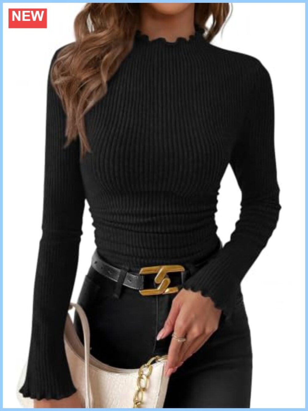 Ribbed Knit Mock Neck Long Sleeve Ruched Slim Fit Top Y2K Lettuce Trim